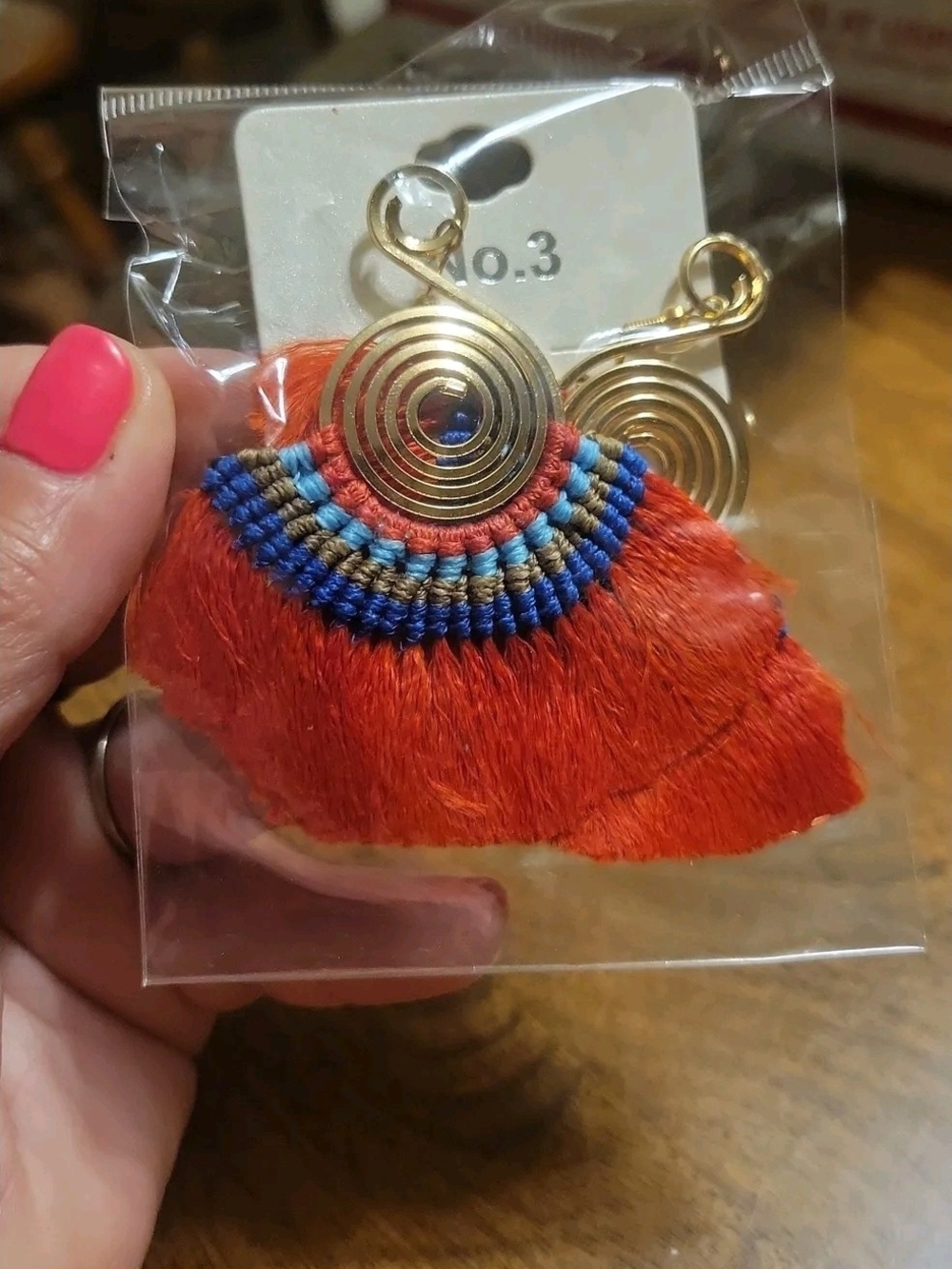 448- No.3 Brand Red Fringe Fan Earrings with Gold Spiral Detail